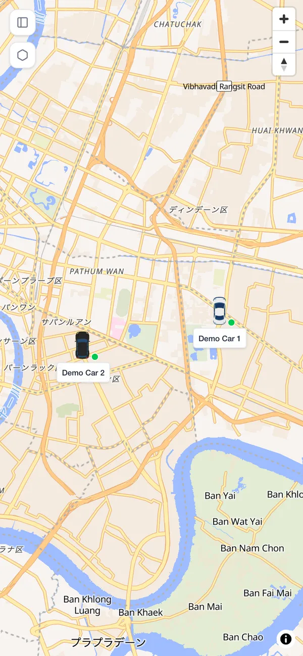 地図に車両の現在地が表示された画面