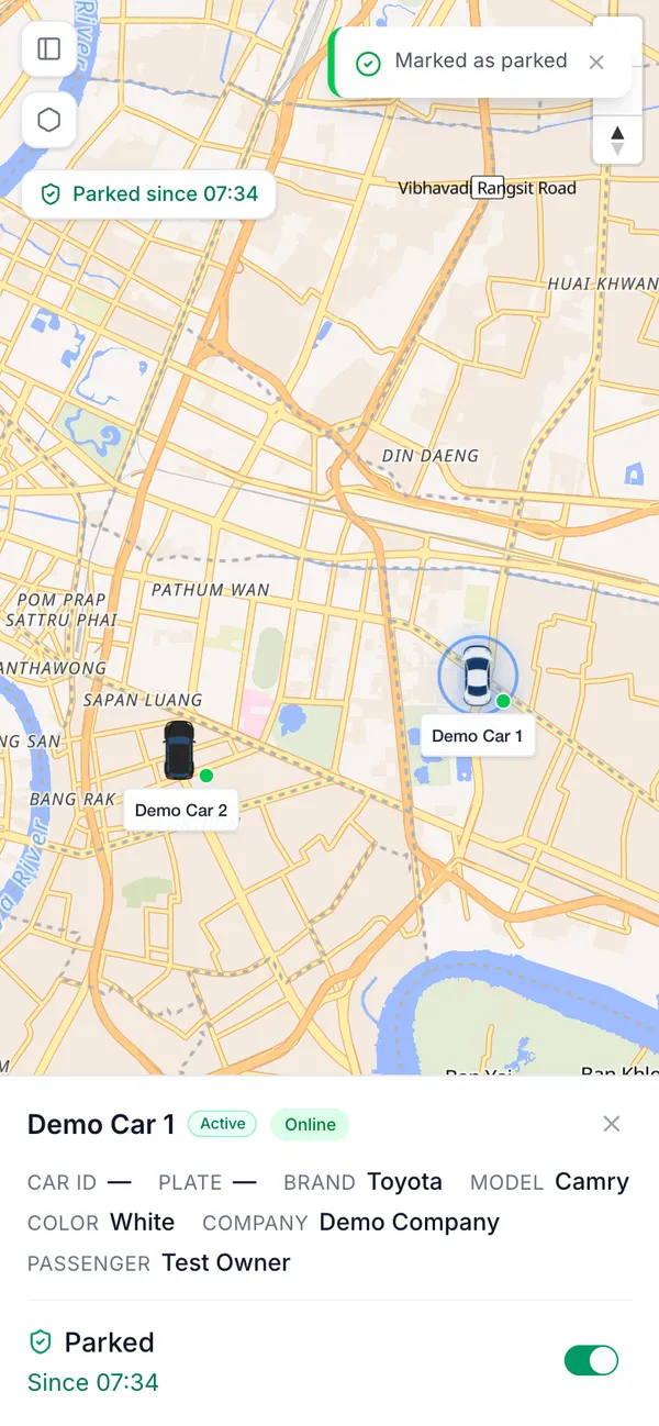 หลังทำเครื่องหมายว่าจอดอยู่: เวลาจะแสดงบนแผนที่และในแผง