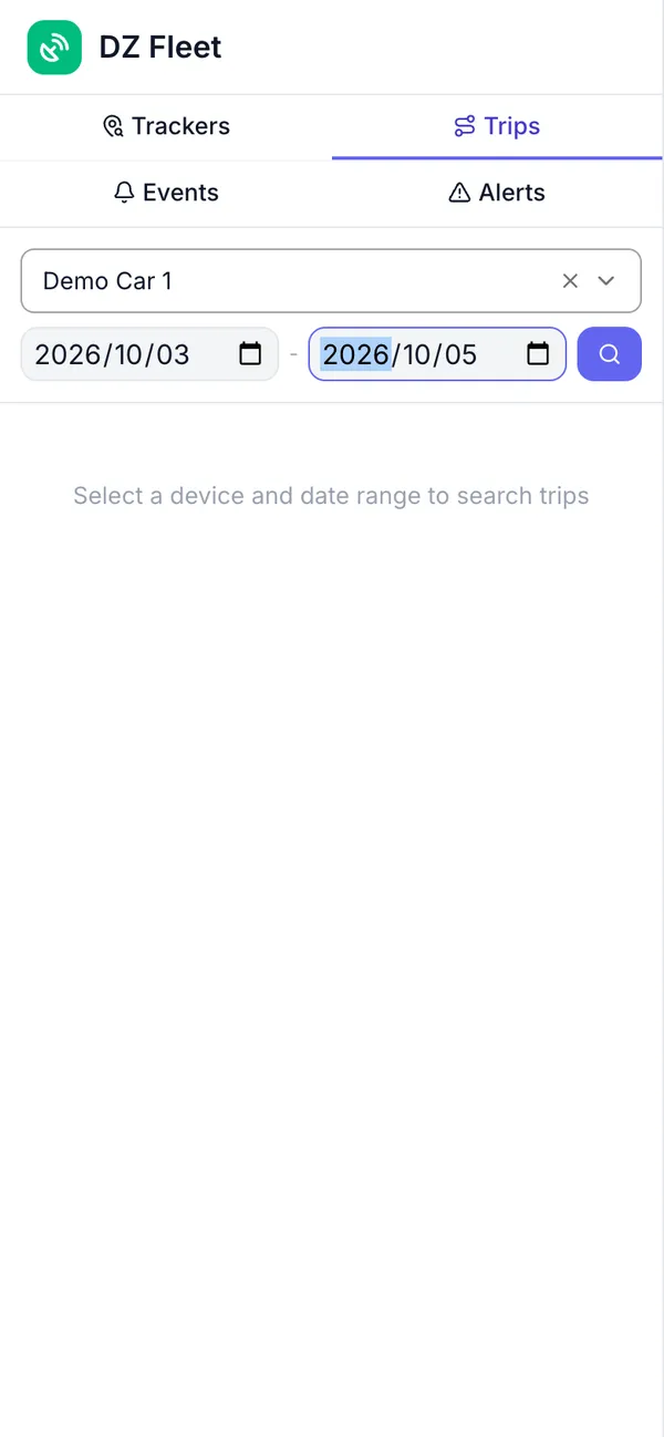 หน้า Trips ที่เลือกรถและช่วงวันที่แล้ว