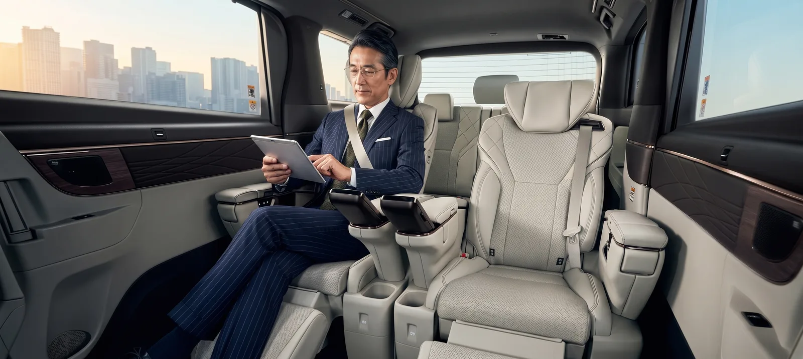VIP チャーターバンの広々とした車内で仕事をする乗客